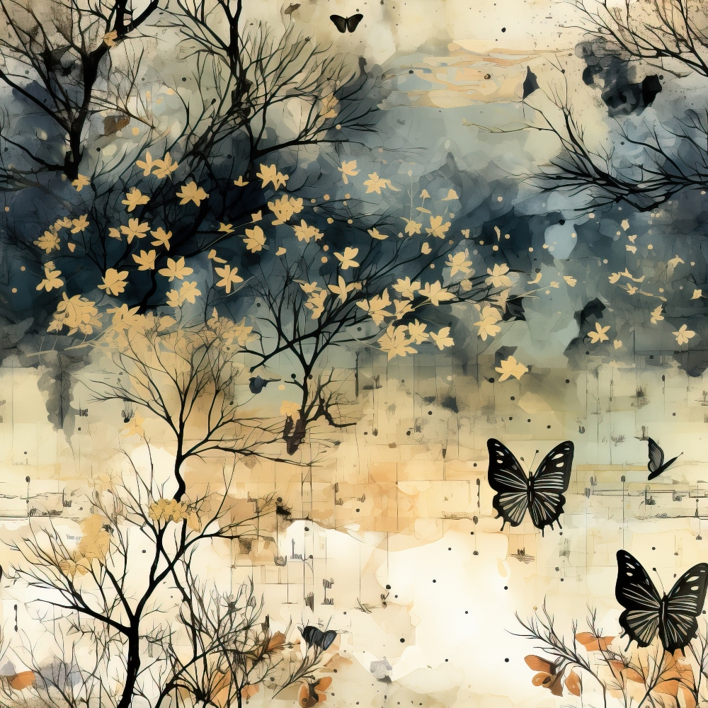 - Moon Music Butterflies Pattern 9 Quilting Cotton Fabric  
- soft colors  
- beige  
- black  
- gray  
- brown  
- autumn tones  
- butterflies  
- floral  
- branches  
- nature-inspired  
- delicate  
- organic  
- cotton  
- quilting fabric  
- elegant  
- artistic design
