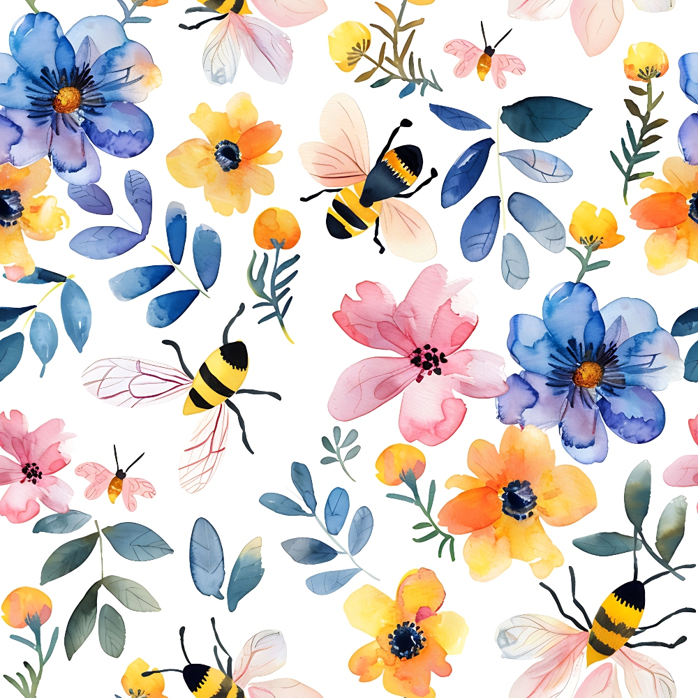 - Watercolor Cute Bees and Flowers Pattern 11 Quilting Cotton Fabric  
- Bees, butterflies, floral, blossoms, leaves  
- Yellow, blue, pink, orange, green, black  
- Cotton textile, quilting material, sewing fabric  
- Natural, delicate, charming, decorative, colorful, spring-theme
