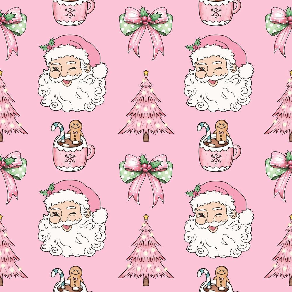 - Coquette Christmas Santa Quilting Cotton Fabric  
- pink background  
- Santa faces  
- Christmas trees  
- holiday bows  
- green and pink  
- gingerbread and candy cane mugs  
- festive  
- cotton material  
- quilting fabric  
- seasonal pattern