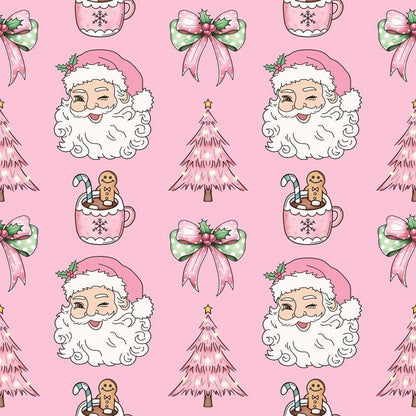 - Coquette Christmas Santa Quilting Cotton Fabric  
- pink background  
- Santa faces  
- Christmas trees  
- holiday bows  
- green and pink  
- gingerbread and candy cane mugs  
- festive  
- cotton material  
- quilting fabric  
- seasonal pattern