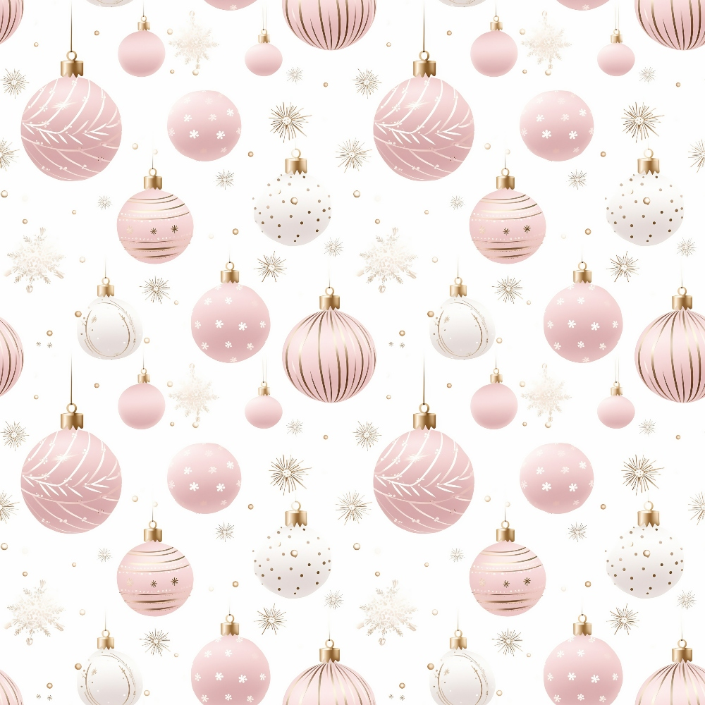 - Pink Christmas Pattern 2 Quilting Cotton Fabric  
- Soft pink, white, gold  
- Christmas ornaments, baubles, snowflakes  
- Holiday theme, festive, seasonal  
- Quilting, cotton, lightweight  
- Elegant, decorative, seamless design  
- Crafting, sewing, textile material