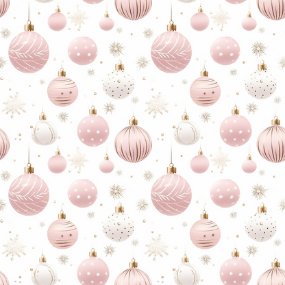 - Pink Christmas Pattern 2 Quilting Cotton Fabric  
- Soft pink, white, gold  
- Christmas ornaments, baubles, snowflakes  
- Holiday theme, festive, seasonal  
- Quilting, cotton, lightweight  
- Elegant, decorative, seamless design  
- Crafting, sewing, textile material