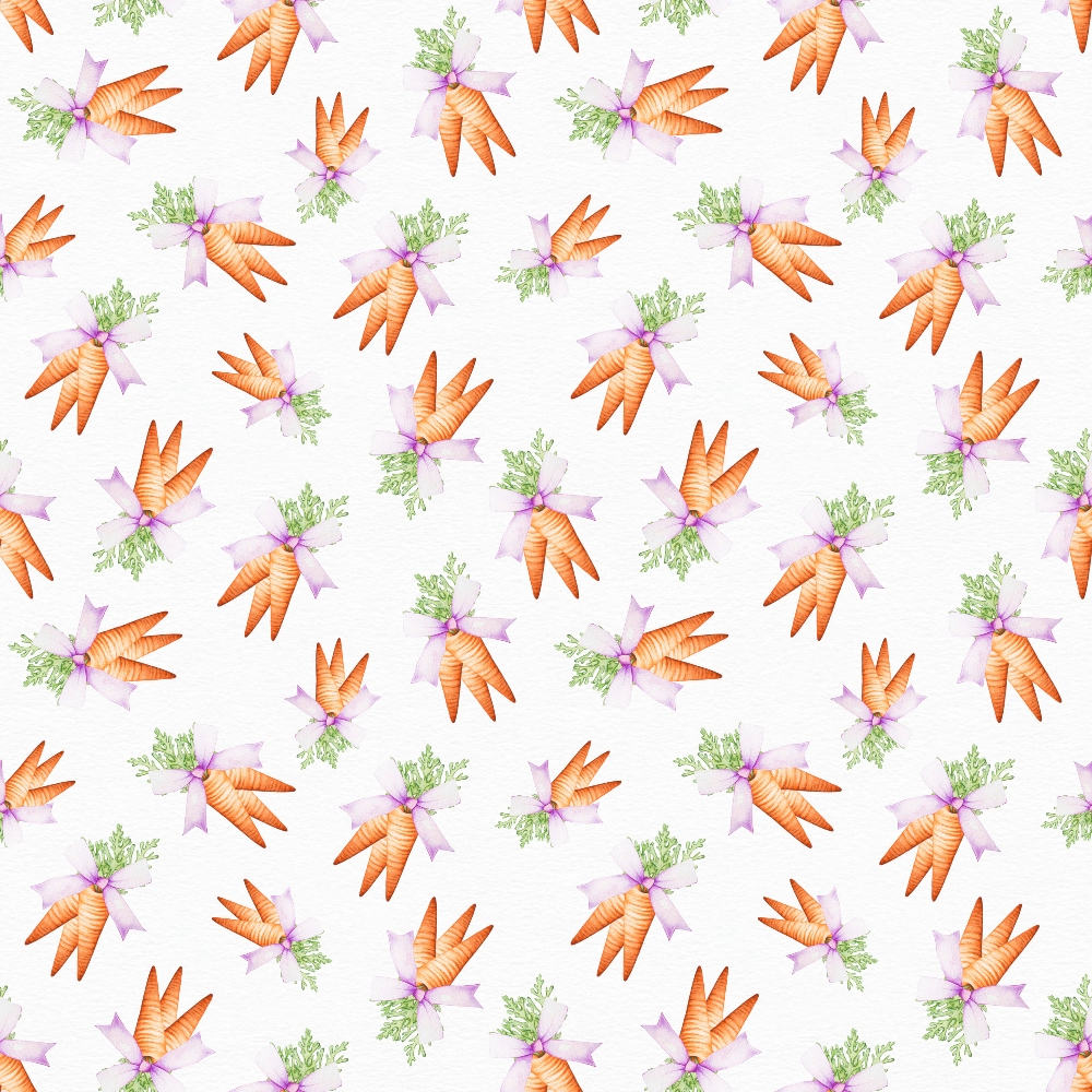 - Flowery Easter Pattern 2 Quilting Cotton Fabric  
- White background  
- Orange carrots  
- Green carrot tops  
- Light purple ribbons  
- Spring theme  
- Seasonal design  
- Cotton textile  
- Quilting material  
- Soft texture  
- Repeated vegetable motif  
- Fresh pastel colors