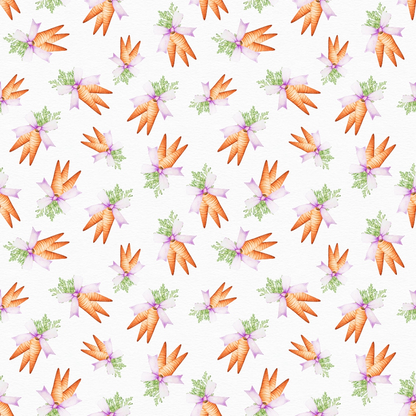 - Flowery Easter Pattern 2 Quilting Cotton Fabric  
- White background  
- Orange carrots  
- Green carrot tops  
- Light purple ribbons  
- Spring theme  
- Seasonal design  
- Cotton textile  
- Quilting material  
- Soft texture  
- Repeated vegetable motif  
- Fresh pastel colors