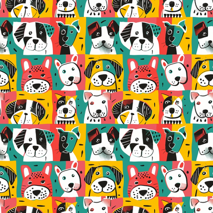 - Posing Dogs Pattern 3 Quilting Cotton Fabric  
- colorful  
- playful  
- dogs  
- puppies  
- cartoon  
- squares  
- teal  
- yellow  
- red  
- white  
- black  
- cotton  
- quilting  
- yardage
