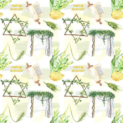 Watercolor Happy Sukkot Pattern 4 Quilting Cotton Fabric
