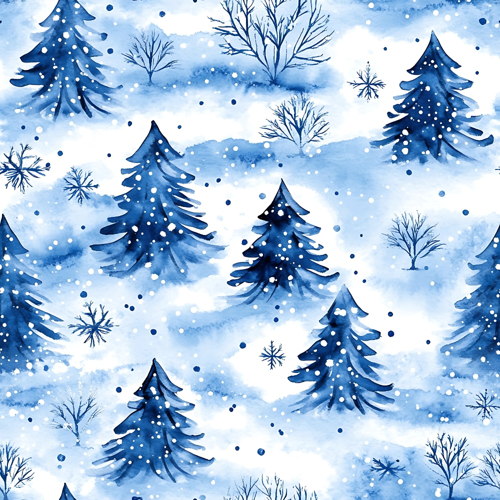 - Winter Christmas Trees Quilting Cotton Fabric  
- Blue, white, navy, indigo  
- Snow, pine, fir, spruce  
- Watercolor, snowy, seasonal  
- Holiday, festive, cold  
- Soft, natural, quilting cloth  
- Christmas, wintertime, nature  
- Fabric, textile, cotton, craft