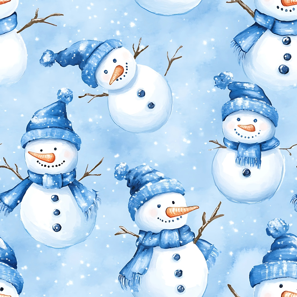 - Cozy Winter Snowman Quilting Cotton Fabric  
- Snowman  
- Blue  
- White  
- Orange  
- Winter  
- Snowflakes  
- Cotton  
- Quilting  
- Scarf  
- Hat  
- Seasonal  
- Holiday  
- Cute  
- Soft  
- Cold  
- Frosty
