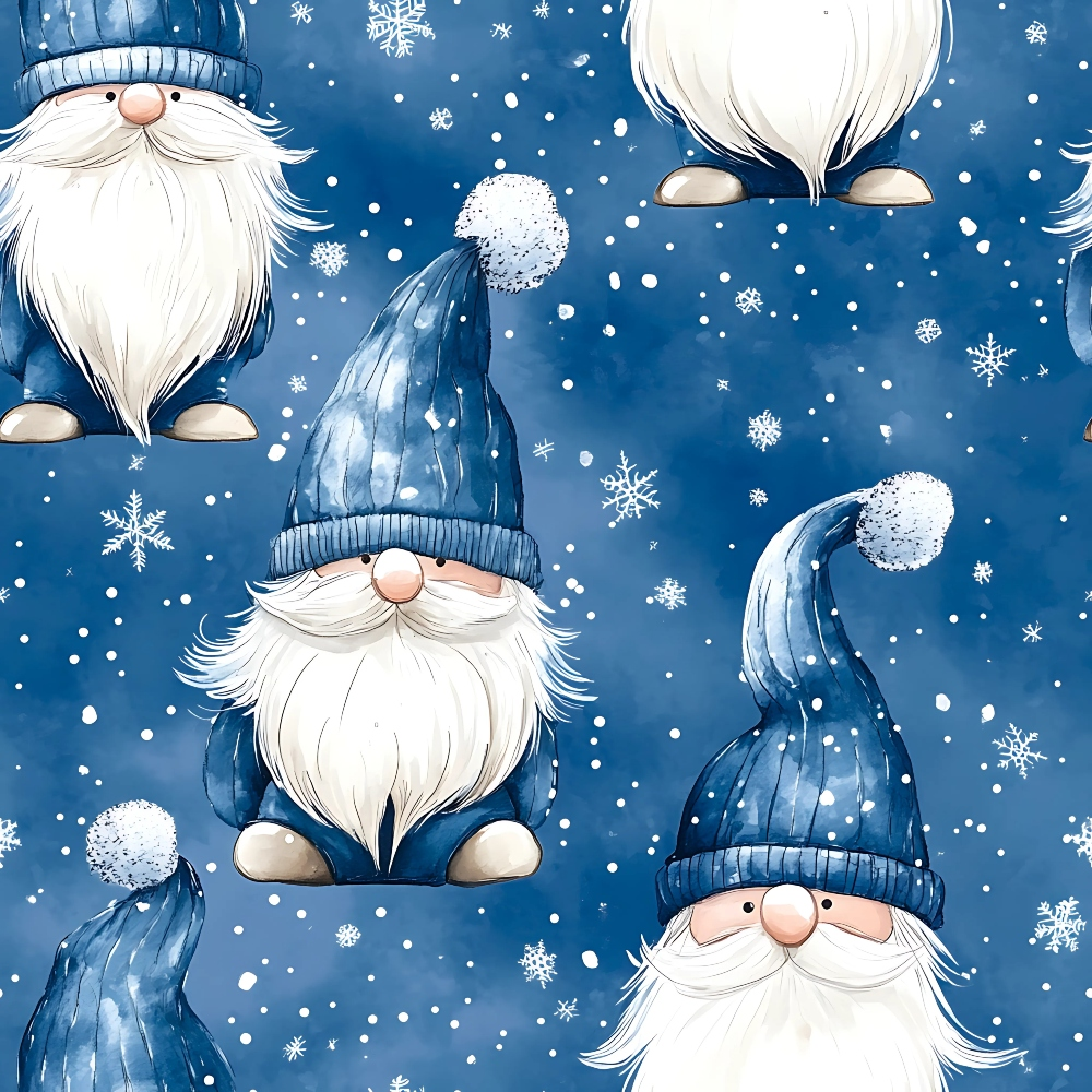 - Blue Winter Gnomes Quilting Cotton Fabric - gnomes - winter - blue - white beard - navy hats - snowflakes - cotton textile - quilting material - holiday theme - soft texture - stitched fabric - seasonal print - cozy design