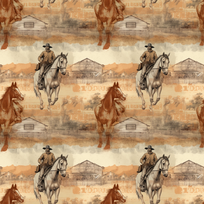 - The Cowboy Life Pattern 19 Quilting Cotton Fabric  
- Cowboy, horse, ranch, western, vintage, sepia, tan, brown, beige  
- Quilting, cotton textile, rustic, country, fabric yardage, rustic design, pastoral, equestrian, handmade crafts, sewing material