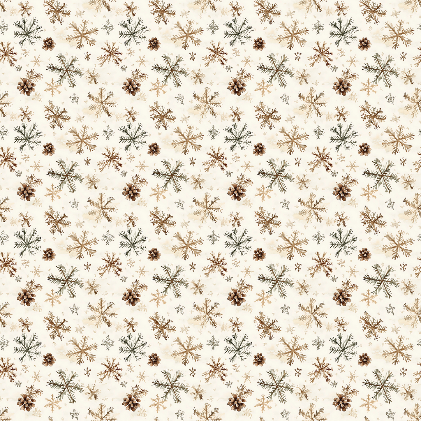 - Rustic Winter Snowflakes Quilting Cotton Fabric  
- neutral tones  
- beige background  
- brown snowflakes  
- pinecone motifs  
- winter theme  
- quilting material  
- natural colors  
- cotton textile  
- seasonal design  
- craft fabric  
- warm hues  
- delicate print