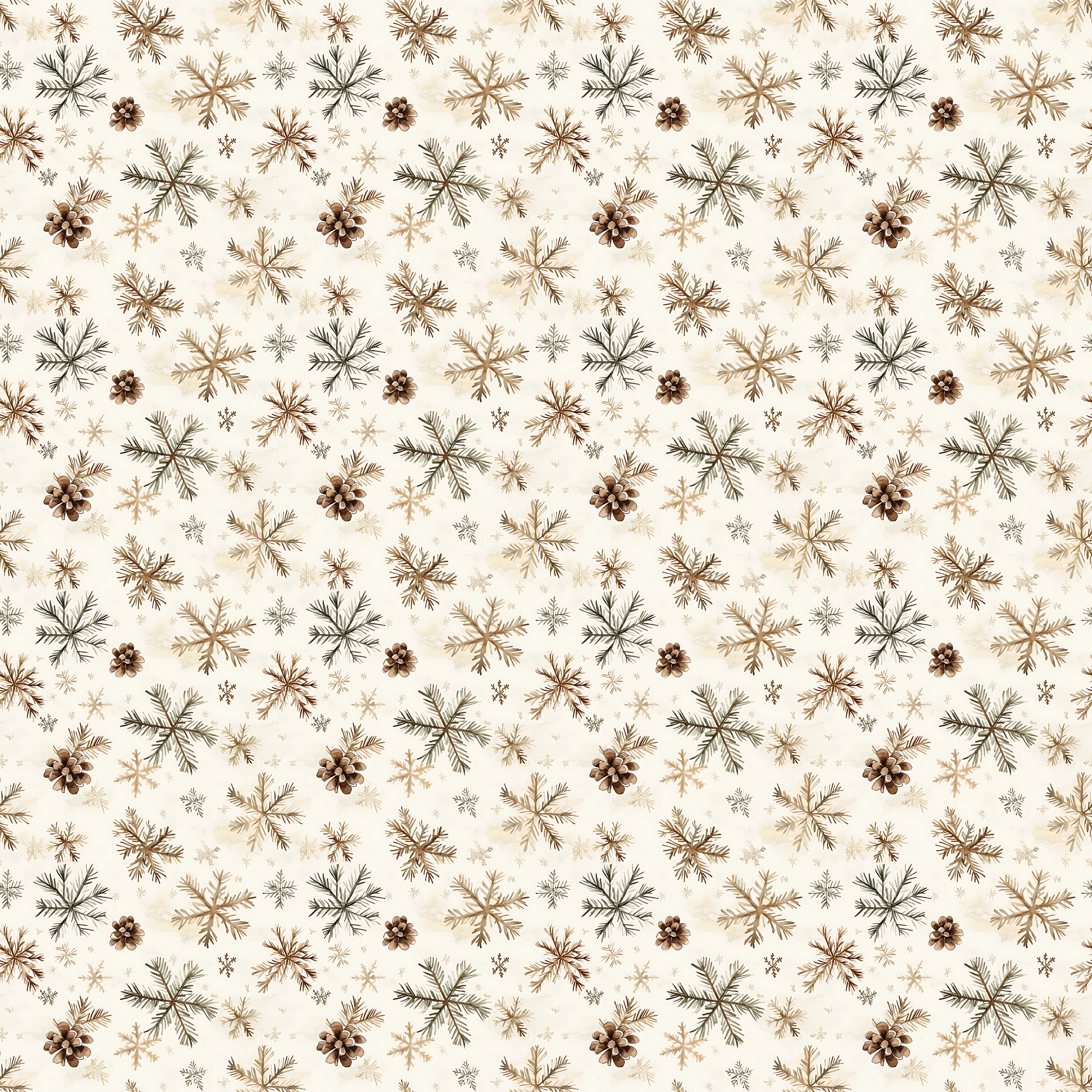 - Rustic Winter Snowflakes Quilting Cotton Fabric  
- neutral tones  
- beige background  
- brown snowflakes  
- pinecone motifs  
- winter theme  
- quilting material  
- natural colors  
- cotton textile  
- seasonal design  
- craft fabric  
- warm hues  
- delicate print