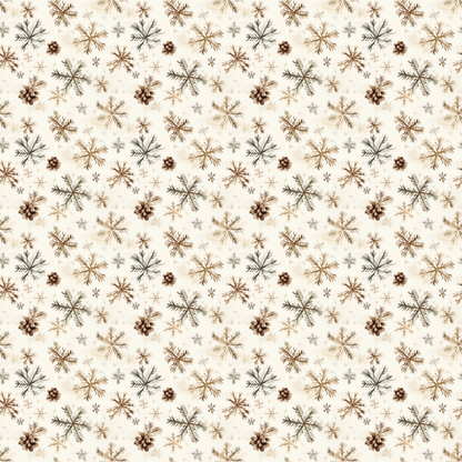 - Rustic Winter Snowflakes Quilting Cotton Fabric  
- neutral tones  
- beige background  
- brown snowflakes  
- pinecone motifs  
- winter theme  
- quilting material  
- natural colors  
- cotton textile  
- seasonal design  
- craft fabric  
- warm hues  
- delicate print
