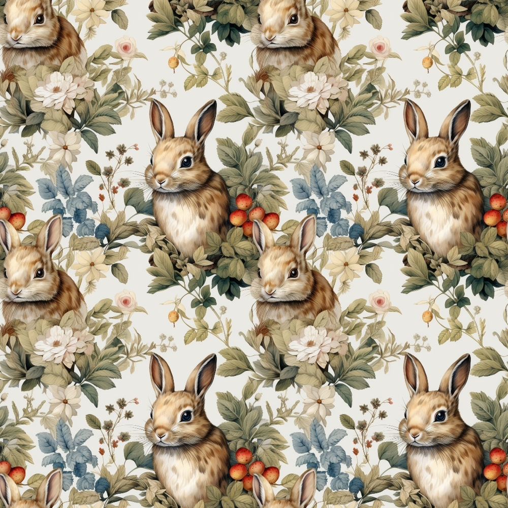 - Woodland Animals Pattern 4 Quilting Cotton Fabric 
- Rabbit, Bunny, Animal motifs 
- Floral, Botanical, Leaves 
- Soft brown, beige, green, cream colors 
- Nature inspired, Vintage style 
- Quilting, Cotton textile, Yardage 
- Rustic, Country charm, Gentle tones