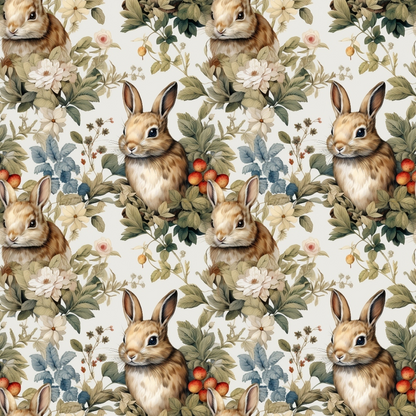 - Woodland Animals Pattern 4 Quilting Cotton Fabric 
- Rabbit, Bunny, Animal motifs 
- Floral, Botanical, Leaves 
- Soft brown, beige, green, cream colors 
- Nature inspired, Vintage style 
- Quilting, Cotton textile, Yardage 
- Rustic, Country charm, Gentle tones
