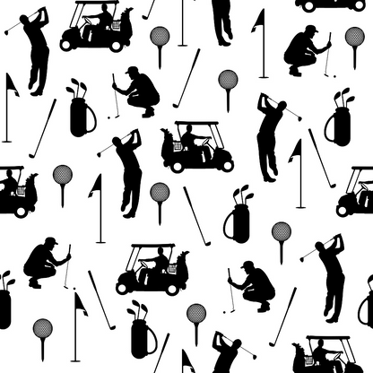 - Black and White Silhouette Golfing Quilting Cotton Fabric  
- Golfers, golf carts, golf bags, golf balls, flags  
- Sports-themed, fabric, quilting cotton, yardage  
- Monochrome, silhouette, recreation, leisure  
- Textile, craft, sewing, hobby, outdoor activity