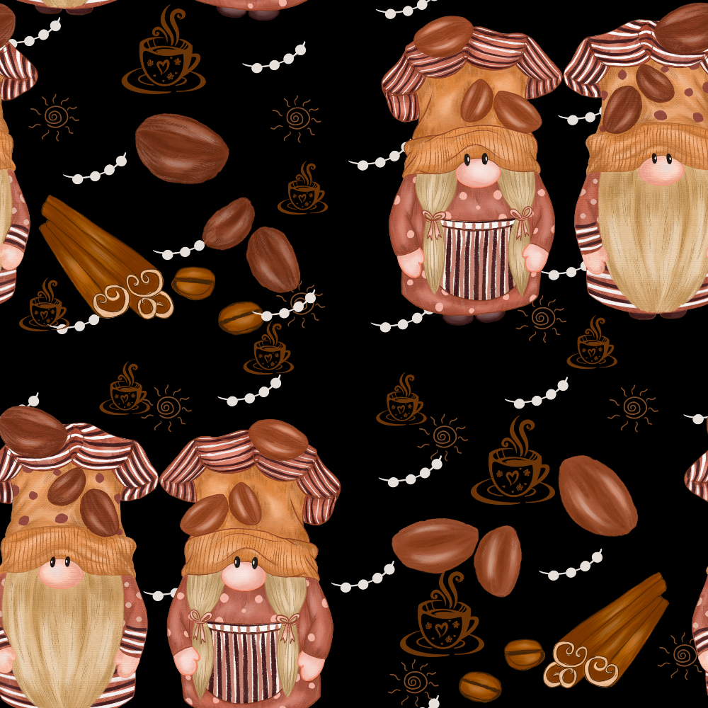 - Coffee Gnomes Pattern 1 Quilting Cotton Fabric  
- Quilting, cotton, sewing, crafting  
- Gnomes, whimsical, cute, charming  
- Brown, tan, beige, cream, black background  
- Coffee beans, cinnamon sticks, steaming cups  
- Warm, cozy, autumn, rustic, playful  
- Repeated motif, handmade style, folk art