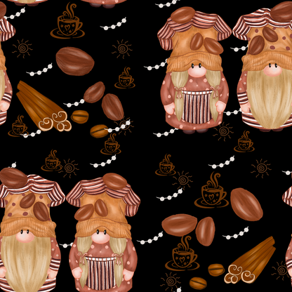 - Coffee Gnomes Pattern 1 Quilting Cotton Fabric  
- Quilting, cotton, sewing, crafting  
- Gnomes, whimsical, cute, charming  
- Brown, tan, beige, cream, black background  
- Coffee beans, cinnamon sticks, steaming cups  
- Warm, cozy, autumn, rustic, playful  
- Repeated motif, handmade style, folk art