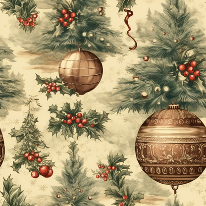 - Vintage Christmas Pattern 1 Quilting Cotton Fabric  
- Holiday theme, festive design  
- Brown, green, red, cream colors  
- Pine branches, holly leaves, red berries  
- Ornamental round Christmas balls  
- Natural cotton fabric, quilting material  
- Traditional seasonal motifs, classic style  
- Decorative, rustic, cozy holiday vibe