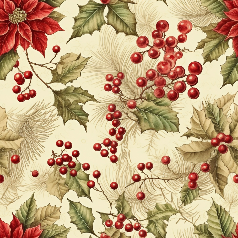 - Vintage Christmas Pattern 9 Quilting Cotton Fabric  
- Red berries  
- Green holly leaves  
- Cream background  
- Poinsettia flowers  
- Festive holiday fabric  
- Cotton material  
- Seasonal quilting textile  
- Traditional Christmas colors  
- Botanical print  
- Elegant fabric design  
- Holiday craft fabric