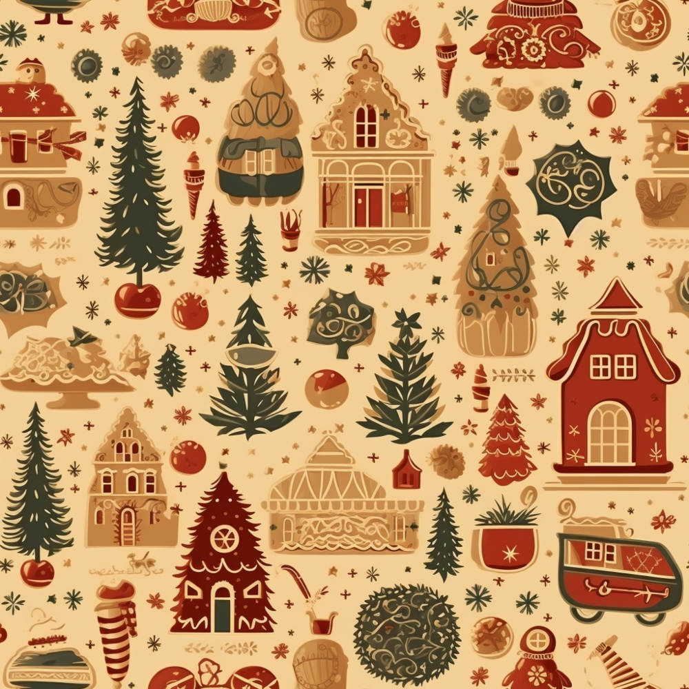 - Vintage Christmas Pattern 13 Quilting Cotton Fabric  
- Christmas trees  
- Gingerbread houses  
- Holiday decorations  
- Warm beige background  
- Red, green, brown, cream colors  
- Quilting cotton  
- Festive holiday fabric  
- Seasonal motifs  
- Traditional Christmas design