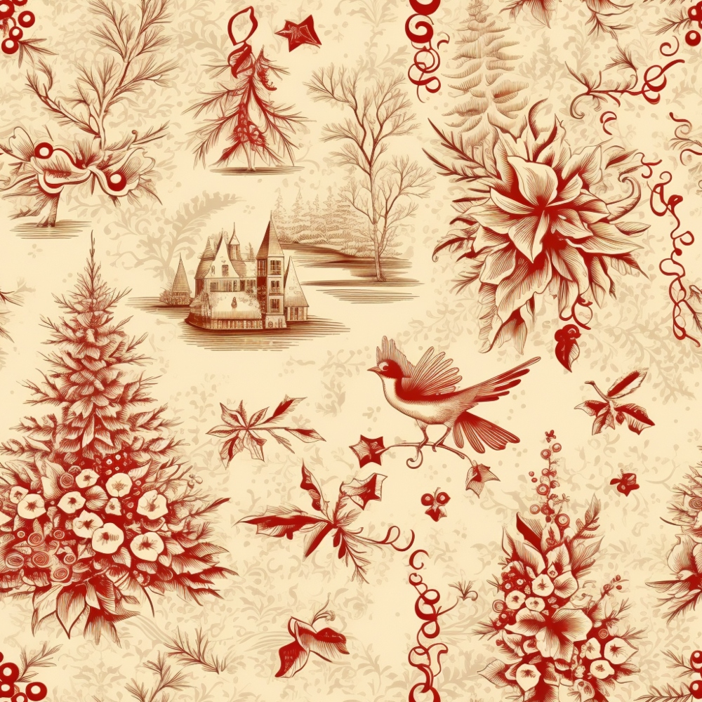 - Vintage Christmas Pattern 15 Quilting Cotton Fabric  
- Red and cream colors  
- Holiday motifs  
- Birds, poinsettias, holly leaves  
- Evergreen trees, castle illustration  
- Traditional festive design  
- Cotton quilting fabric  
- Seasonal decorative textile