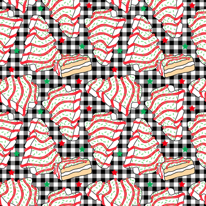- Christmas Tree Cakes Pattern 1 Quilting Cotton Fabric  
- Christmas fabric  
- Quilting cotton  
- Holiday dessert design  
- Red green white colors  
- Christmas tree shapes  
- Cake motifs  
- Festive plaid background  
- Holiday sewing material  
- Seasonal quilting fabric