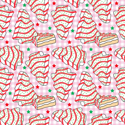 - Christmas Tree Cakes Pattern 2 Quilting Cotton Fabric  
- quilting cotton fabric  
- Christmas tree cake design  
- red, green, white colors  
- festive dessert motif  
- gingham background  
- holiday themed fabric  
- craft fabric for quilting  
- sewing material  
- festive pattern
