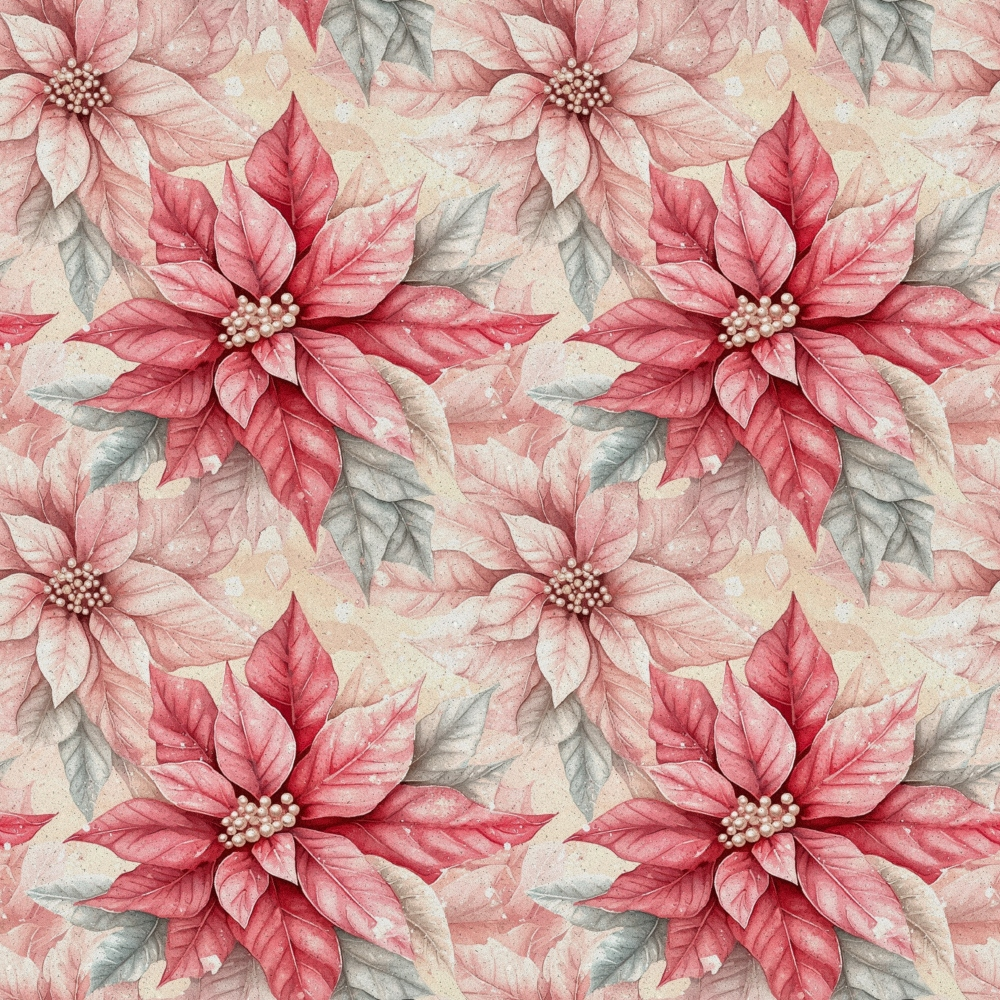 A Frosted Christmas Pattern 2 Quilting Cotton Fabric featuring red and cream poinsettia flowers with green leaves, floral quilt cotton textile, holiday fabric yardage, traditional Christmas print, soft cotton material, seasonal quilting fabric, holiday craft fabric.
