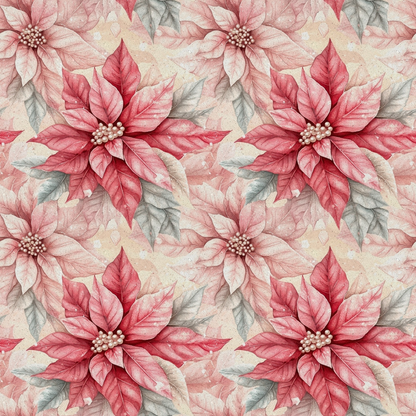 A Frosted Christmas Pattern 2 Quilting Cotton Fabric featuring red and cream poinsettia flowers with green leaves, floral quilt cotton textile, holiday fabric yardage, traditional Christmas print, soft cotton material, seasonal quilting fabric, holiday craft fabric.