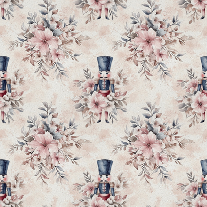 A Frosted Christmas Pattern 9 Quilting Cotton Fabric with floral bouquets, nutcracker soldier, soft pink, dusty blue, beige background, holiday theme, holiday fabric, cotton textile, quilting material, elegant design, traditional style, decorative print, seasonal motif, vintage-inspired colors.