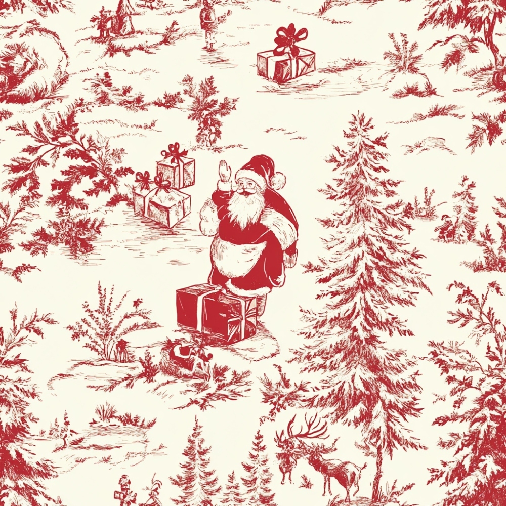 - Christmas Chinoiserie Pattern 6 Quilting Cotton Fabric  
- holiday fabric  
- red and cream colors  
- Santa Claus illustration  
- gifts and presents  
- pine trees  
- reindeer  
- vintage style  
- toile design  
- quilting cotton material  
- festive seasonal theme  
- classic Christmas decor  
- nature and wildlife motifs