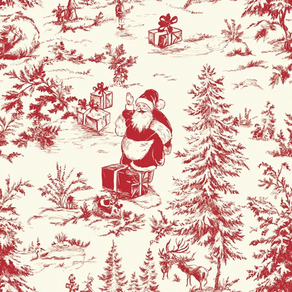 - Christmas Chinoiserie Pattern 6 Quilting Cotton Fabric  
- holiday fabric  
- red and cream colors  
- Santa Claus illustration  
- gifts and presents  
- pine trees  
- reindeer  
- vintage style  
- toile design  
- quilting cotton material  
- festive seasonal theme  
- classic Christmas decor  
- nature and wildlife motifs