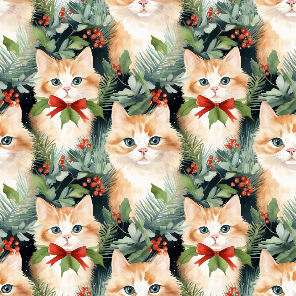 - Christmas Santa Kitty Cats Pattern 3 Quilting Cotton Fabric  
- Orange and white cats  
- Red bows and green holly leaves  
- Pine branches and red berries  
- Festive holiday cotton fabric  
- Quilting material  
- Seasonal pet-themed textile  
- Decorative fabric for crafts and sewing
