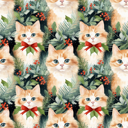 - Christmas Santa Kitty Cats Pattern 3 Quilting Cotton Fabric  
- Orange and white cats  
- Red bows and green holly leaves  
- Pine branches and red berries  
- Festive holiday cotton fabric  
- Quilting material  
- Seasonal pet-themed textile  
- Decorative fabric for crafts and sewing