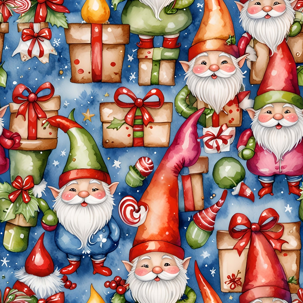 - Christmas Gnomes Pattern 5 Quilting Cotton Fabric  
- holiday fabric  
- gnome illustrations  
- festive presents  
- red, green, blue, orange, white  
- whimsical designs  
- cotton quilting material  
- seasonal craft fabric  
- holiday decor textile  
- cheerful characters  
- gift boxes with bows