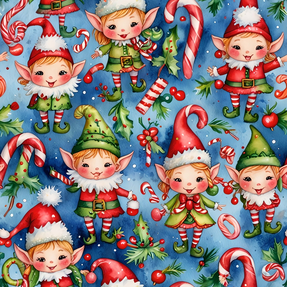 - Christmas Gnomes Pattern 7 Quilting Cotton Fabric  
- colorful elves, red, green, white, blue background  
- whimsical holiday design, candy canes, holly leaves, berries  
- festive characters, striped stockings, pointed hats, smiling faces  
- quilting, cotton, seasonal, cheerful, playful, yardage fabric