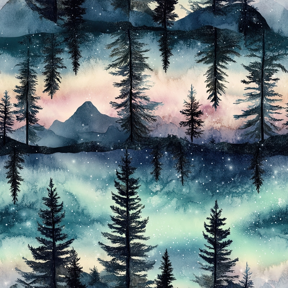 - Northern Lights Forest Pattern 2 Quilting Cotton Fabric  
- cotton fabric  
- quilting fabric  
- forest design  
- evergreen trees  
- mountain silhouette  
- aurora borealis colors  
- night sky  
- nature inspired  
- scenic print  
- teal, navy, pink, green  
- woodland theme  
- peaceful, serene  
- textile yardage  
- artistic fabric