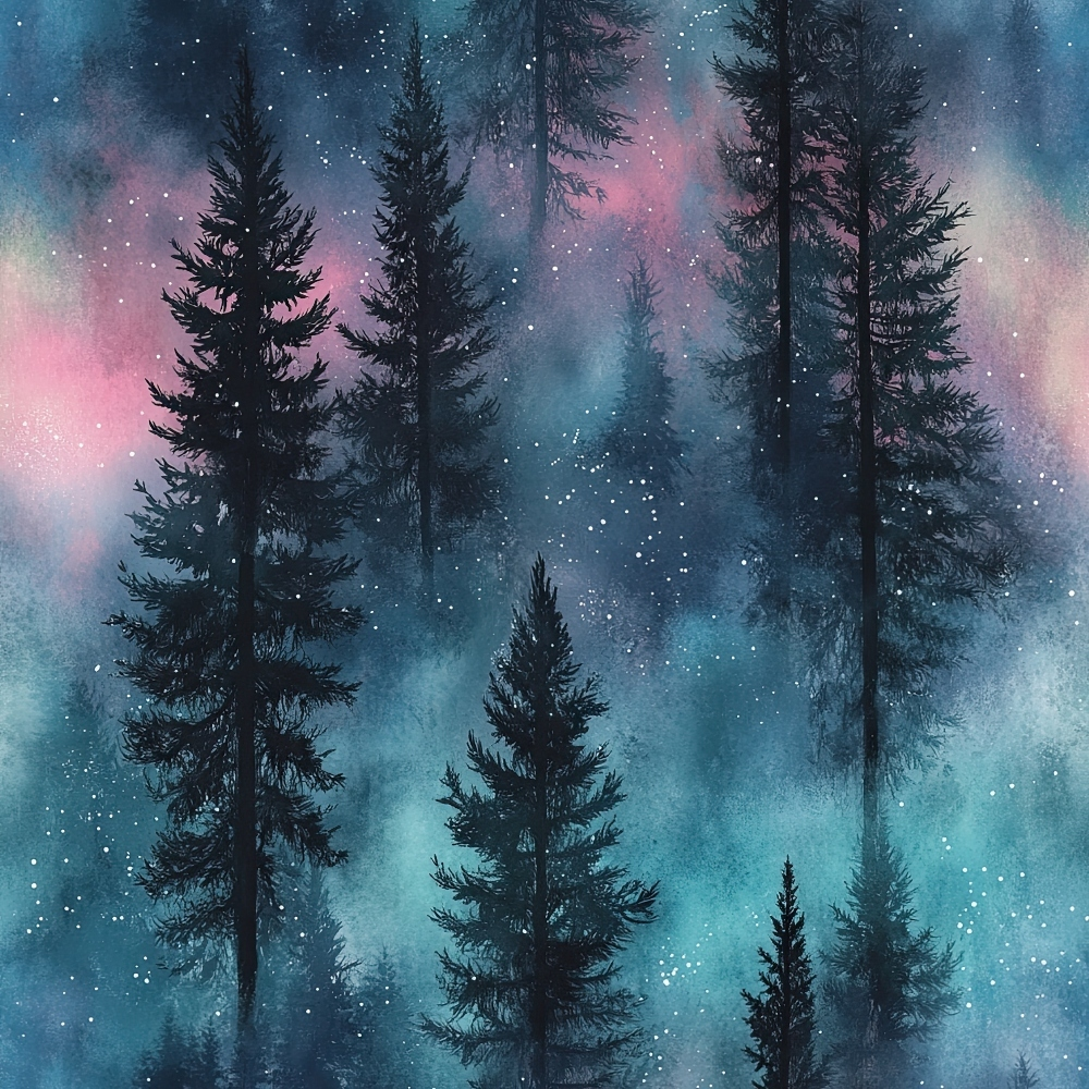 - Northern Lights Forest Pattern 11 Quilting Cotton Fabric  
- dark silhouettes  
- pine trees  
- night sky  
- stars  
- blue shades  
- pink hues  
- cotton material  
- quilting textile  
- forest design  
- nature-inspired  
- dreamy atmosphere