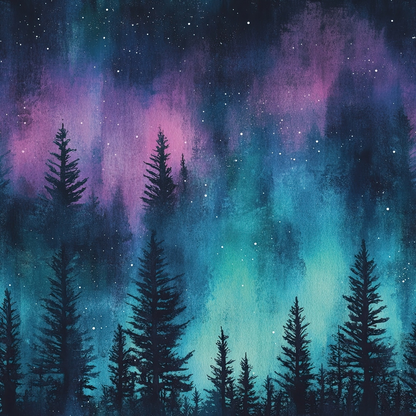 - Northern Lights Forest Pattern 12 Quilting Cotton Fabric  
- cotton fabric  
- quilting fabric  
- deep blue  
- teal  
- purple  
- black silhouettes  
- pine trees  
- night sky  
- starry sky  
- forest design  
- nature inspired  
- textured background  
- gradient colors  
- scenic fabric