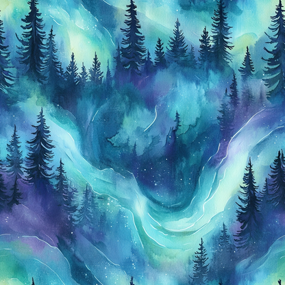 - Northern Lights Forest Pattern 26 Quilting Cotton Fabric  
- cotton  
- quilting fabric  
- forest silhouette  
- pine trees  
- night sky  
- aurora borealis colors  
- green hues  
- blue tones  
- purple shades  
- watercolor effect  
- nature-inspired  
- woodland design  
- soft texture  
- artistic fabric