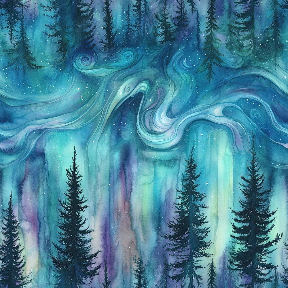 - Northern Lights Forest Pattern 27 Quilting Cotton Fabric  
- Cotton  
- Quilting  
- Blue  
- Teal  
- Purple  
- Green  
- Black  
- Trees  
- Pine  
- Fir  
- Aurora  
- Swirls  
- Night sky  
- Nature  
- Scenic  
- Artistic  
- Fabric  
- Yardage