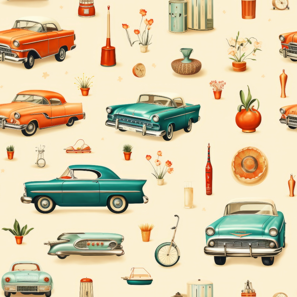 Antique Pieces Pattern 5 Quilting Cotton Fabric featuring vintage cars in teal and orange, retro objects, floral elements, beige background, nostalgic design, classic collectibles, quilting material, soft texture, premium quilting cotton fabric.