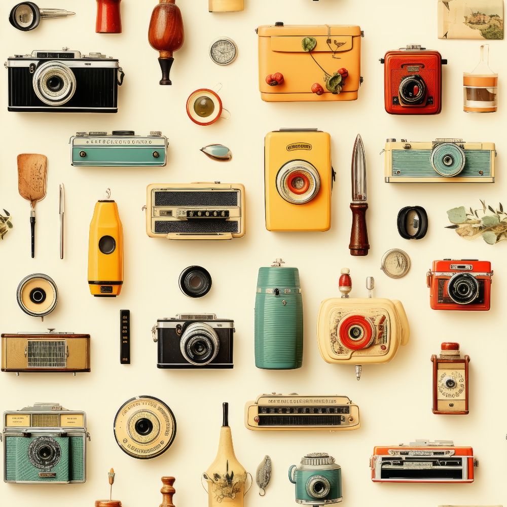 Antique Pieces Pattern 8 Quilting Cotton Fabric featuring vintage camera motifs, retro gadgets, assorted antique items in muted teal, mustard yellow, orange, cream, and brown colors, nostalgic design, classic style, cotton textile, quilting material.