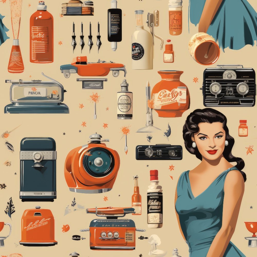 Antique Pieces Pattern 9 Quilting Cotton Fabric featuring vintage objects, retro appliances, classic beauty illustration, muted orange, beige, teal, black, cream colors, nostalgic design, collectible items, sewing, crafting material, timeless style, quilting fabric, cotton textile.