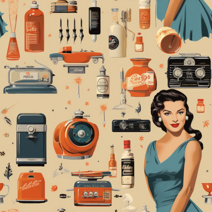 Antique Pieces Pattern 9 Quilting Cotton Fabric featuring vintage objects, retro appliances, classic beauty illustration, muted orange, beige, teal, black, cream colors, nostalgic design, collectible items, sewing, crafting material, timeless style, quilting fabric, cotton textile.