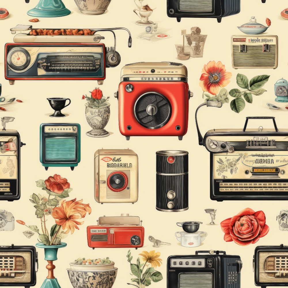 Antique Pieces Pattern 10 Quilting Cotton Fabric showcasing vintage radios, flowers, retro appliances, cream background, orange, red, green, black, beige hues, nostalgic design, classic motifs, textile material, quilting cotton textile, decorative print fabric yardage.
