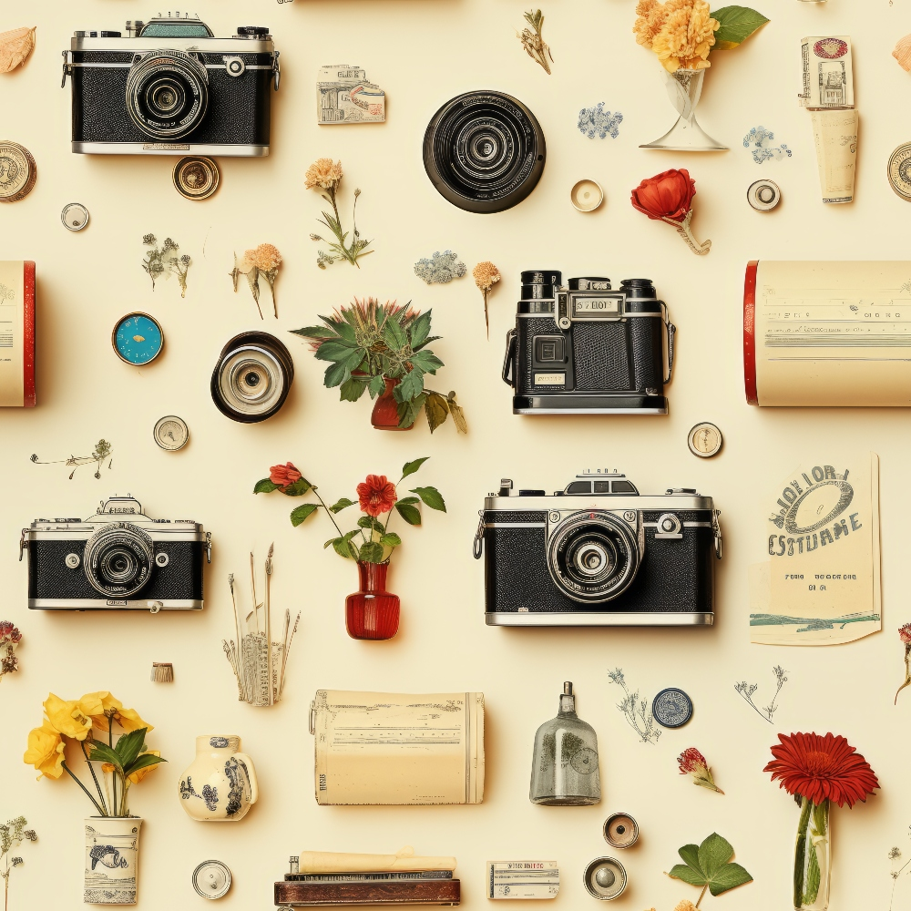 - Antique Pieces Pattern 11 Quilting Cotton Fabric  
- Vintage cameras  
- Floral elements  
- Dried flowers  
- Red, yellow, beige, green colors  
- Retro style  
- Cotton material  
- Quilting fabric  
- Classic motifs  
- Decorative arrangement