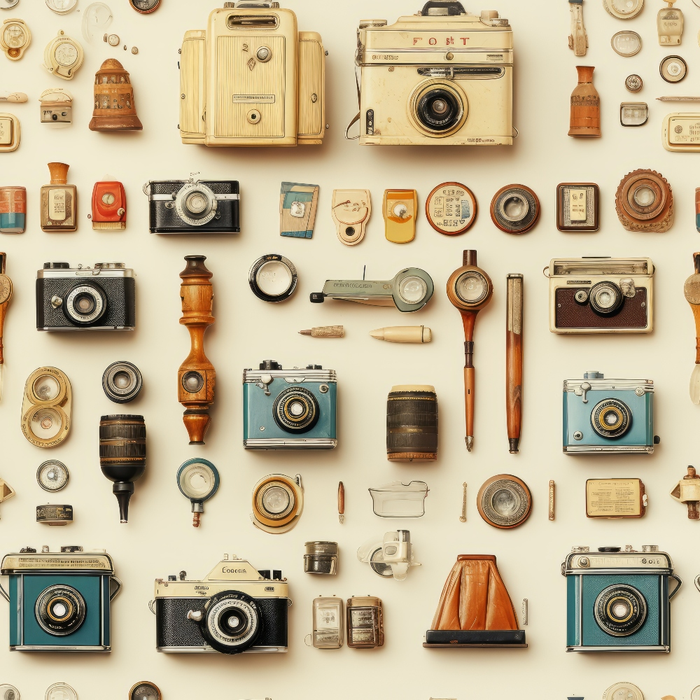 Antique Pieces Pattern 16 Quilting Cotton Fabric showcasing vintage cameras, sepia tones, ivory, beige, brown hues, retro designs, nostalgic elements, textile print, traditional style, quilting fabric, cotton material, timeless motif, beige background, detailed antiques pattern.
