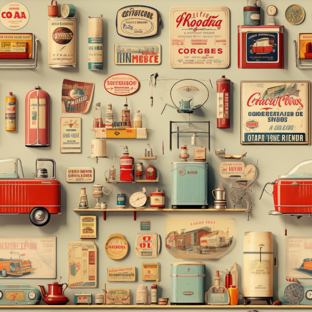Antique Pieces Pattern 17 Quilting Cotton Fabric featuring vintage advertisements, retro objects, classic signage, nostalgic designs, muted red, cream, teal, old-fashioned labels, collectible icons, shabby chic style, rustic charm, timeless cotton textile.
